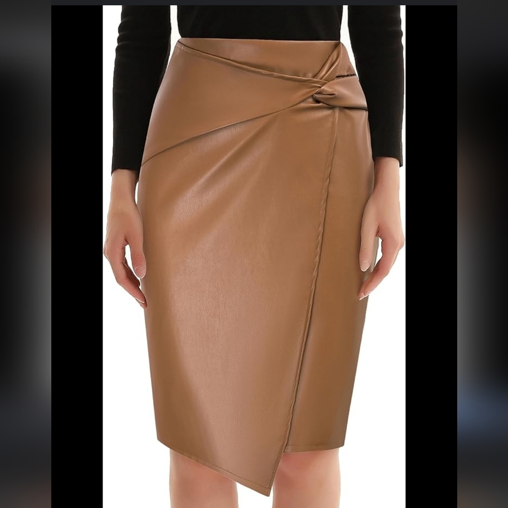 Kate Kasin Faux-leather Knot-front Faux Wrap Sienna Brown Pencil Skirt Sz XL - Picture 2 of 11